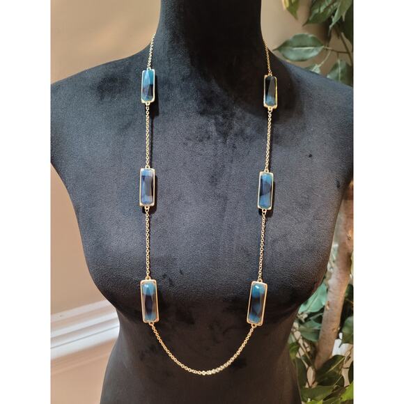 Women’s Gold Tone Long Chain Necklace With Blue Rectangular Stones Lobster Lock - Picture 1 of 6
